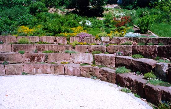 Steinanlage mit Bepflanzung im Juli. Gartenbau, Landschaftsbau, Hausgarten, Trockenmauern, Sichtschutz, Steingarten, Pflanzungen, Garten-Umgestaltungen, Garten-Neuanlagen, Sitzmauern, Polygonalbeläge, Teich, Terrassen, mediterraner Garten, Baumfällungen, Gartenpflege